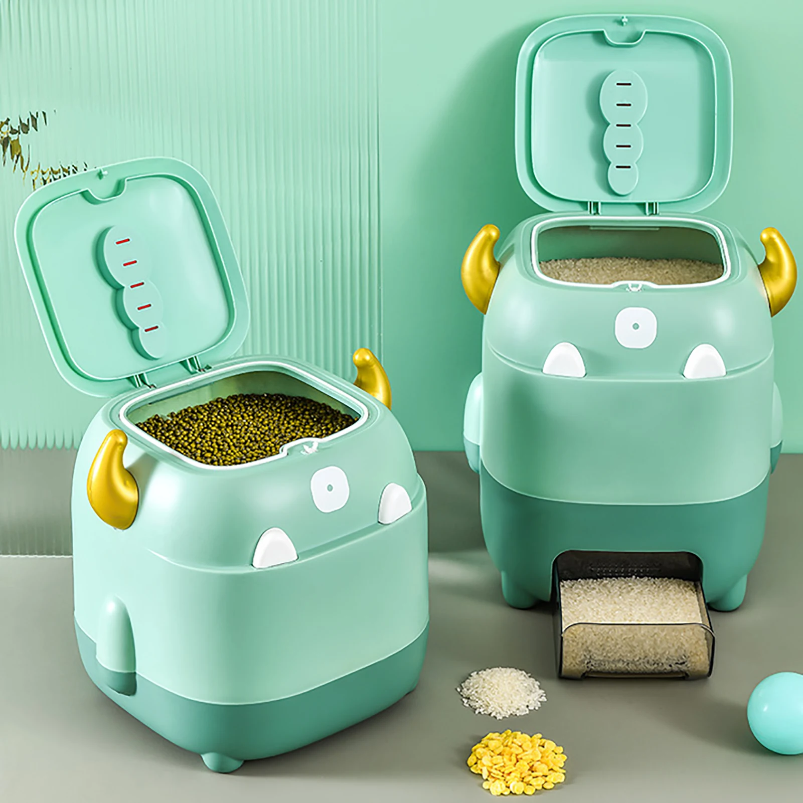 

Cute Rice Storage Container 5L Food Storage Containers With Lids Airtight Sealed Flour Grain Storage Box With Measuring Cup