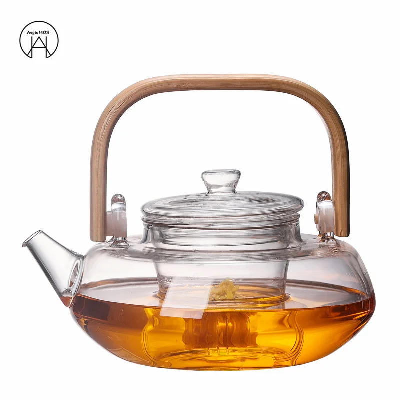 

800ML Glass Round Teapot Bamboo Handle Kettle Anti-scalding Teaset Heat-resistant Electric Ceramic Stove Boiling Water Heating