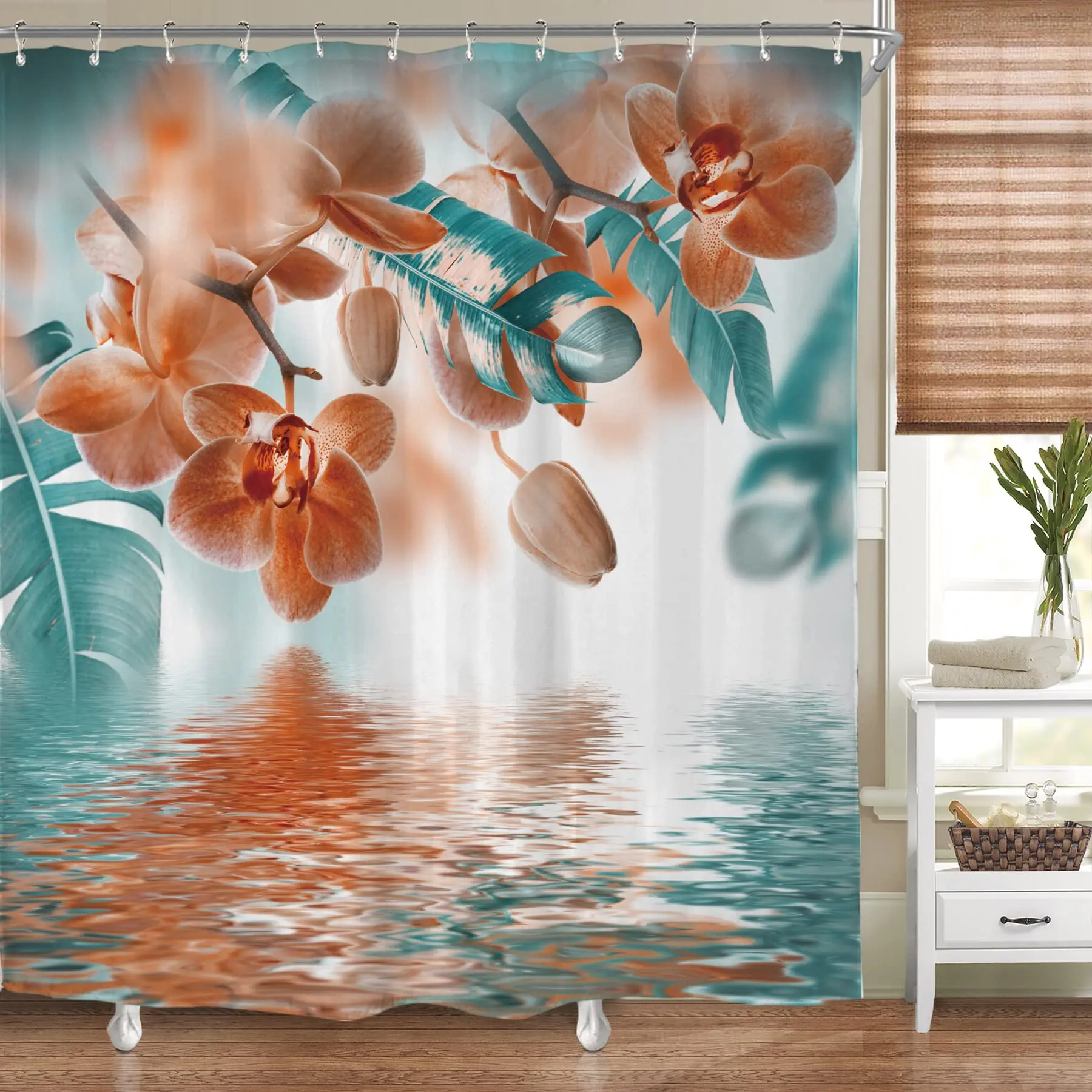 

Teal and Orange Orchid Shower Curtain Reflection Floral Tropical Flower Leaf Painting Zen Decor Fabric Polyester Waterproof Sets