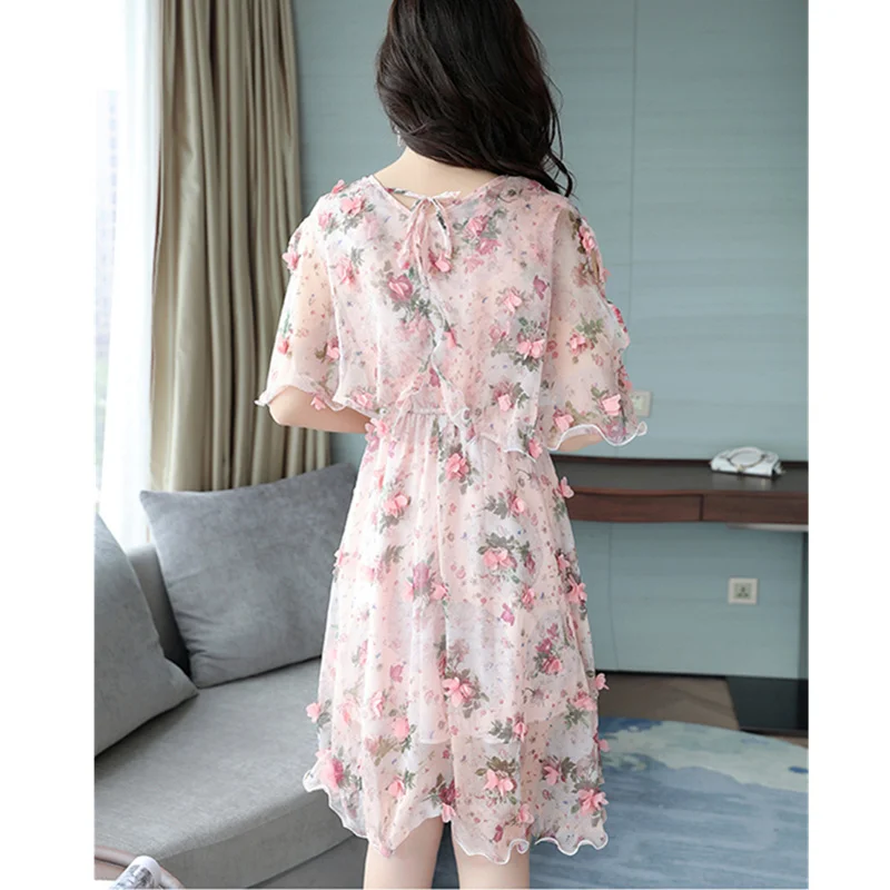 

Elegant Summer floral print Sweet Silk Chiffon Three-dimensional Flowers Flare Sleeve Round Collar Dresses Vestidos