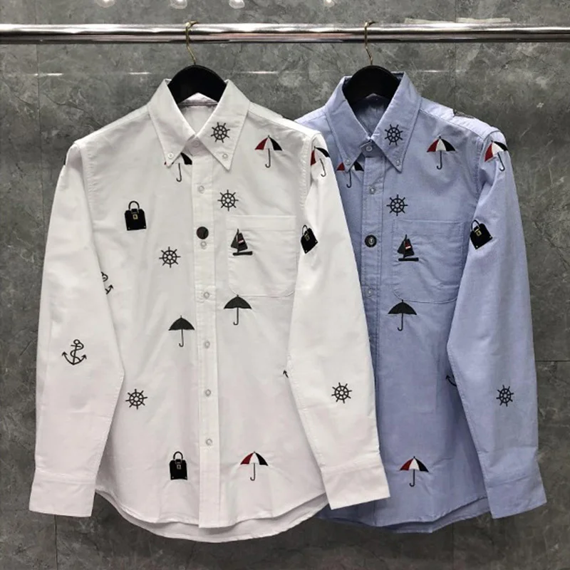 TB THOM Spring Men's Shirt Fashion Embroidery Designs Slim T-shirts Casual Oxford Long Sleeves High Quality Women Men Shirts