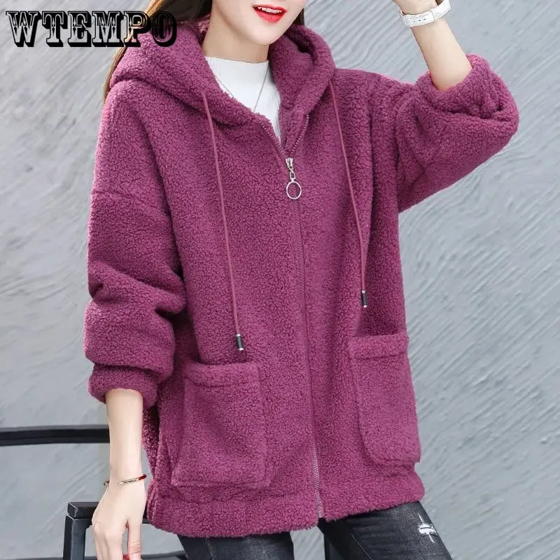

WTEMPO Fall Winter Solid Zipper Coats Women Lamb Wool Warm Hooded Cardigans Female Fashion New Casual Korean Outwear Wholesale