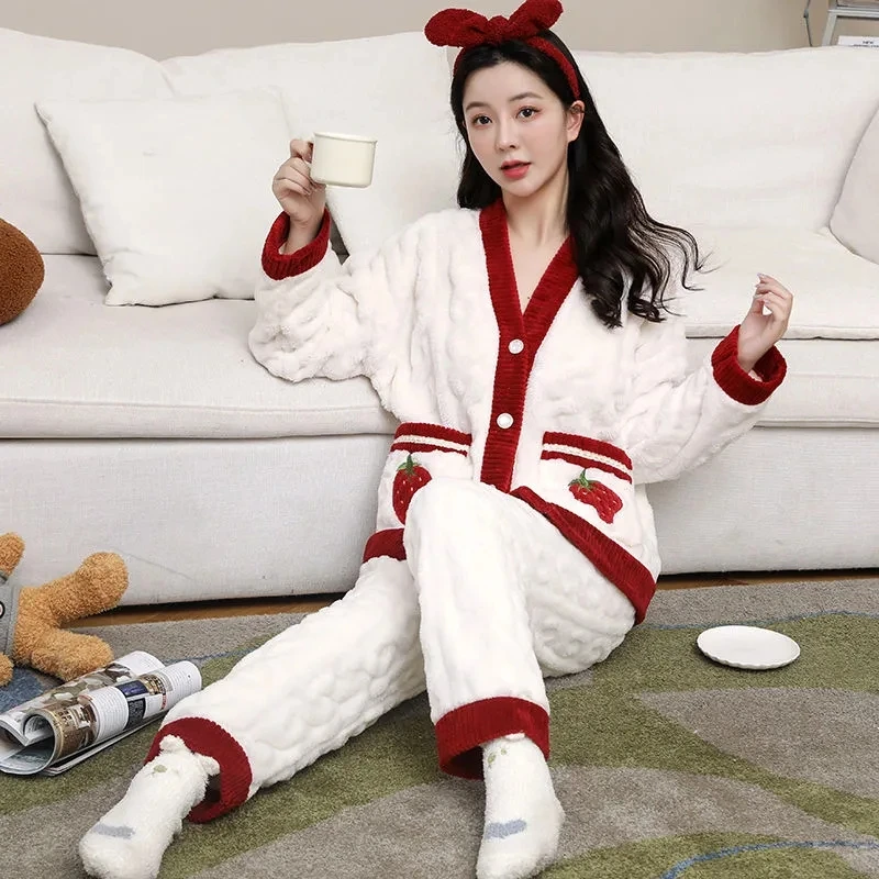 Winter Flannel Warm Pajamas Set Women Long Sleeve Soft Home Suit Sleepwear Trousers Clothes Long Velvet Pyjamas Sets