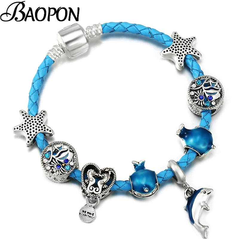 

Роскошные синие кожаные браслеты-цепочки в летнем стиле, браслет с дельфином и бусинами в виде ракушек для женщин и мужчин, бижутерия, подар...