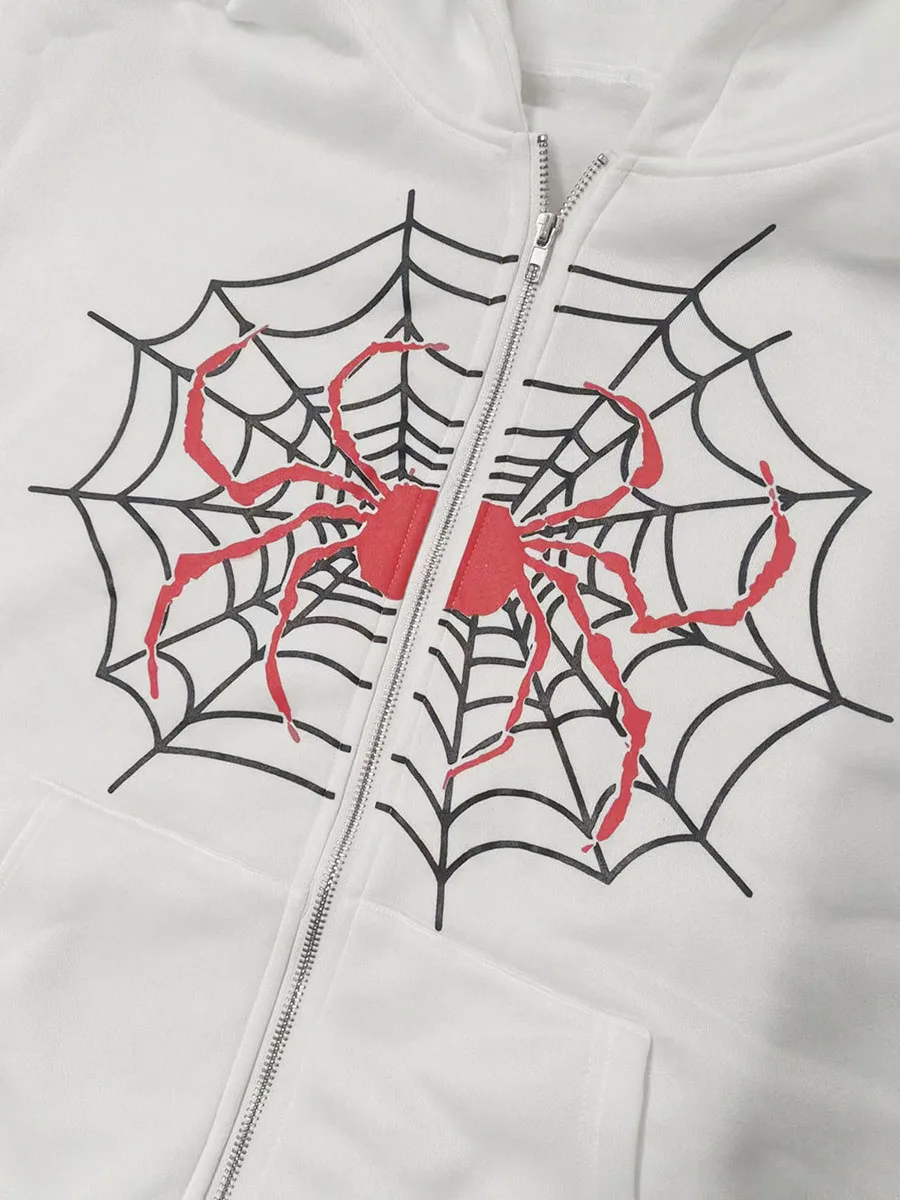 

Get Spooky with Reachlight s Women s Halloween Hooded Coat - Long Spider Web Print Sleeves Zip Up Closure and Convenient
