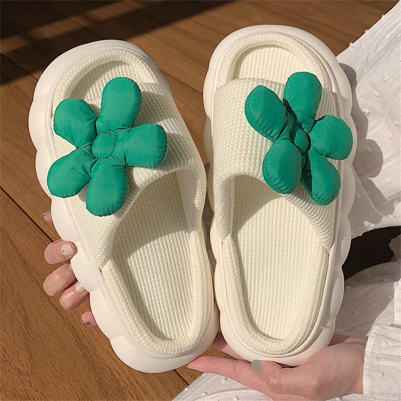 Women Cotton Slippers Breathable Linen Home Floor Shoes Female Male Platform Slides Cute Flower Thick Sole Couples Indoor Slides