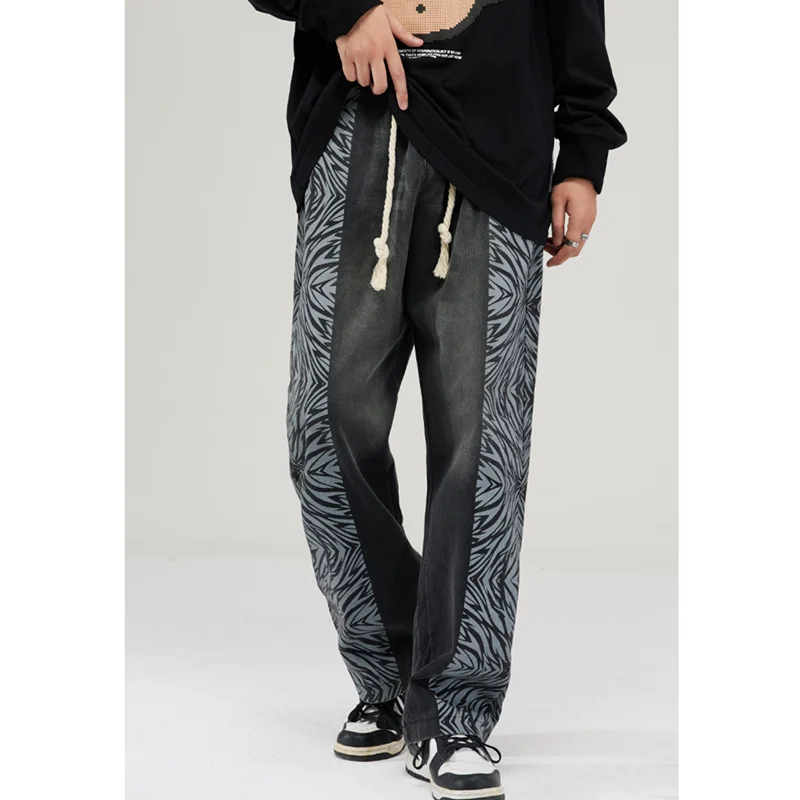 Streetwear Men Patchwork Leopard Print Recreational Jeans Sense of Design Vintage Black Printing Straight Pants Autumn Female