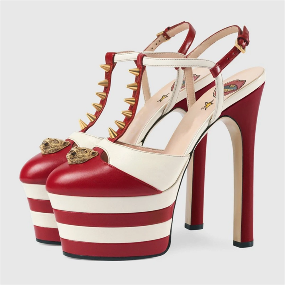 Women Platform Sandals15CM Thick High Heels Ankle Strap Print Female Pumps Buckle Summer Rivet High Heels Ladies Prom Shoes