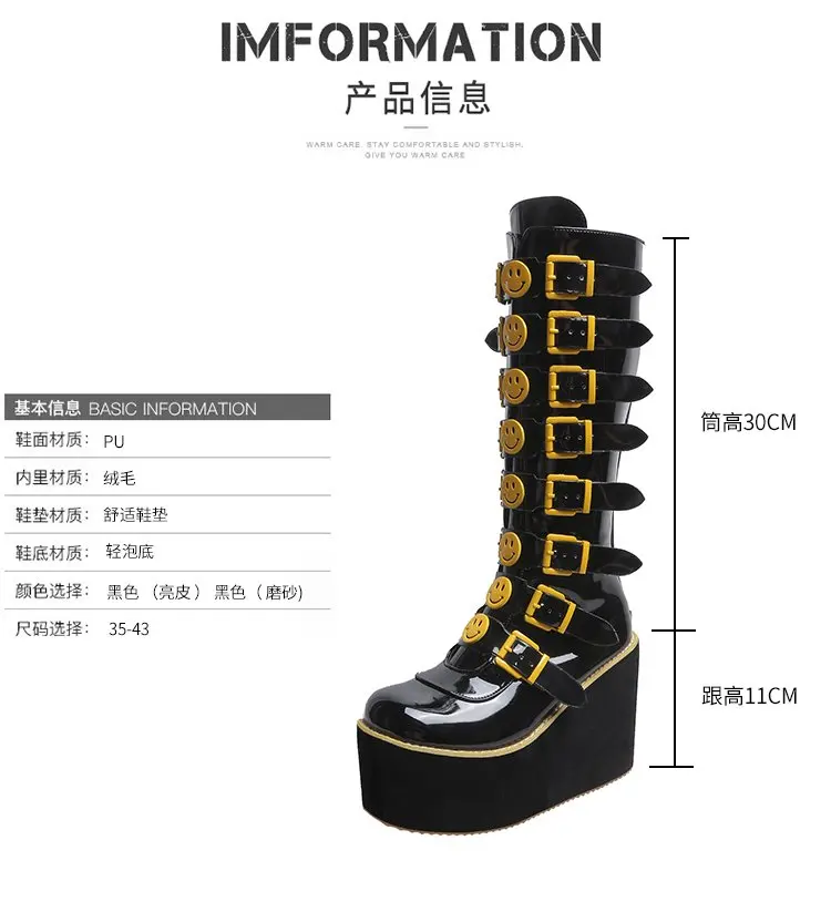 New Wedges Heels Women's Boots Fashion Metal Buckle Knee High Boot Punk Shoes Women Platform Gothic |