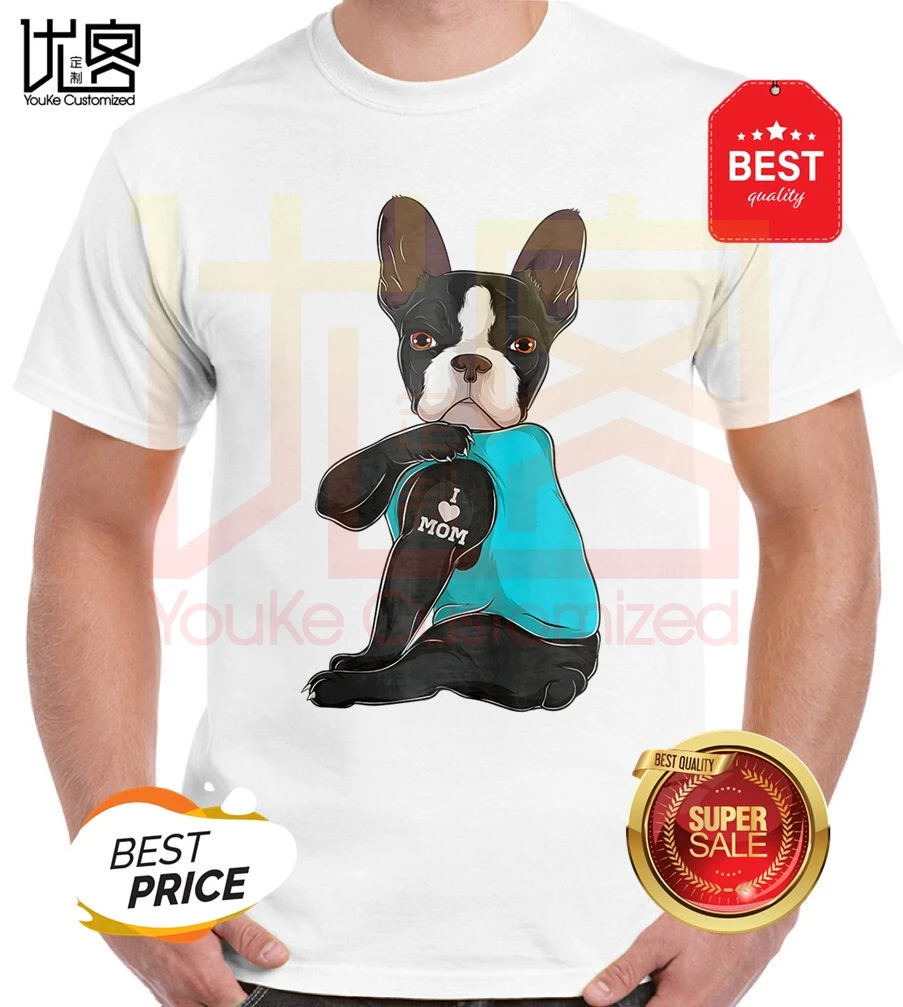 Футболка с коротким рукавом для мужчин и женщин Boston Terrier I Love Mom 100% хлопок - купить