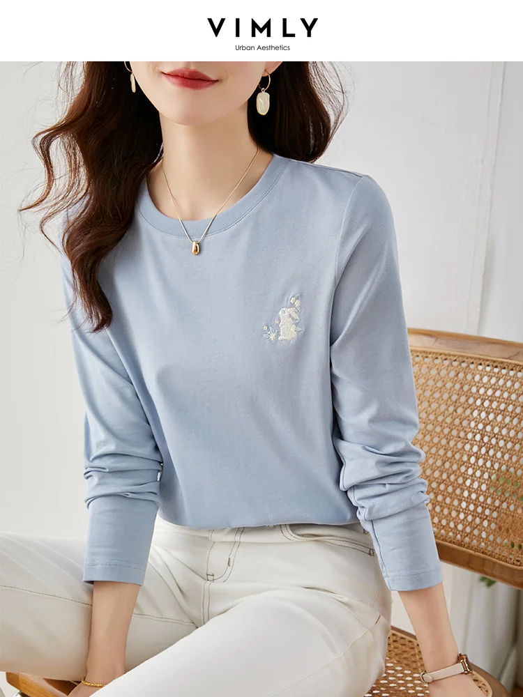 

Vimly Rabbit Embroidery Cotton 100% T-shirt for Women Long Sleeve Tops 2023 Spring Simple Tees Loose Straight O Neck T Shirts