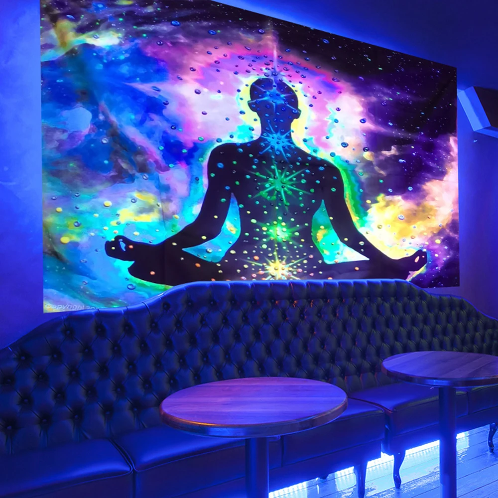

Black Light Tapestry India Meditation Seven Chakra Tapestry Trippy Mushroom Moon Phase Fluorescence Wall Hanging Room Decor