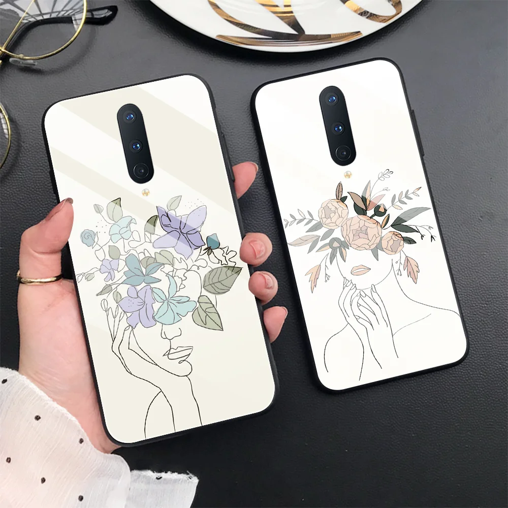 

Abstract Art Line Sketch Flower Girl Glass Phone Case for Oneplus 9 Pro 8 8T 7 7T 9R Funda for Oneplus Nord N100 10 9RT 5G Cover