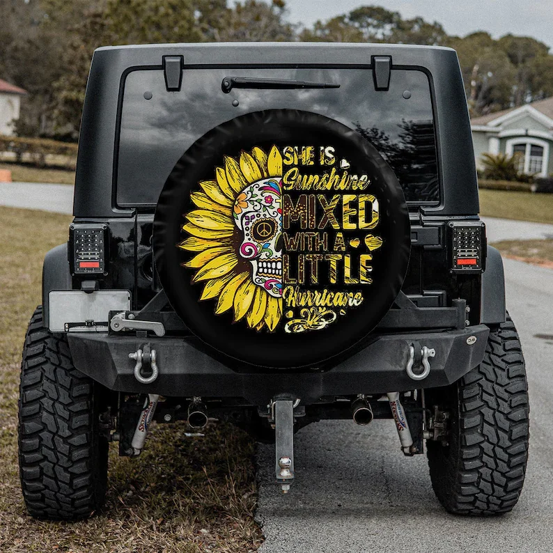 

Chingona Skull Sunflower - She Is Sunshine Mixed With A Little Hurricane Personalized Spare Tire Cover, Fit for Jeep Trailer RV