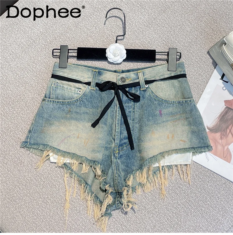 

Women Personality Street Tassel Asymmetrical Denim Shorts New High Waist Fashion Temperament Spring Summer 2022