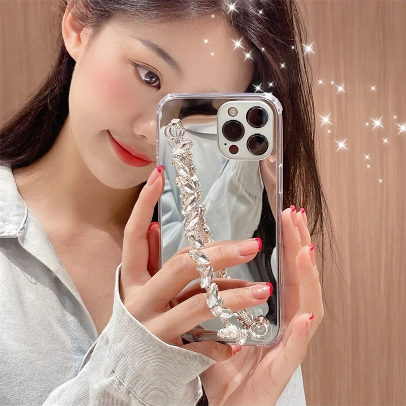 

Luxury Diamond Mirror Phone Case For IPhone 13 11 12 Pro XR XS MAX 7 8 Plus Shiny Rhinestone Bracelet Chain Soft Silicone Cover