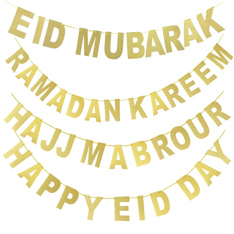 

Gold EID Mubarak Banners Ramadan Kareem Hajj Mabrour Glitter Letter Paper Bunting Garland Happy Eid Day Ramadan Decoration 2023