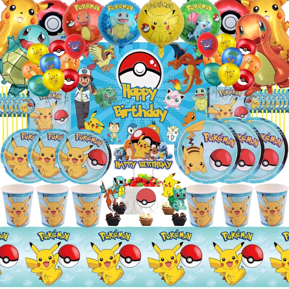 Pokemon Birthday Party Decorations Pikachu Balloons Paper Disposable Tableware Banner Backdrop For Kids Boys Party Supplies Toys