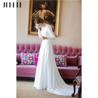 2022 elegant simple long sleeve o neck wedding dress pleating soft satin appliques bridal gown vintage white bride robes