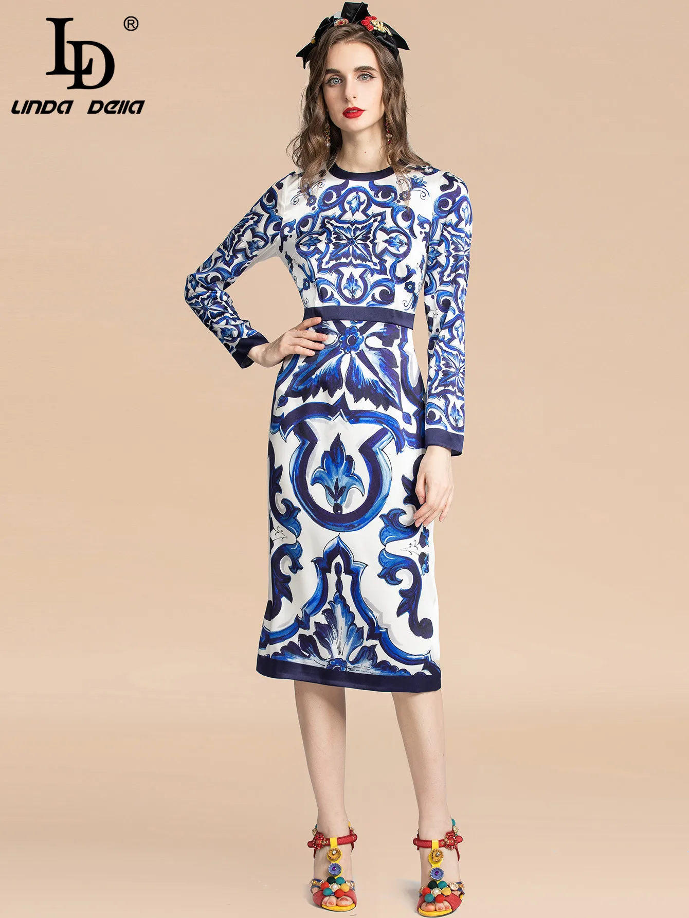 LD LINDA DELLA Fashion Designer Autumn Dress Women Long sleeve Blue and White Porcelain Print Vacation Slim Midi Dresses