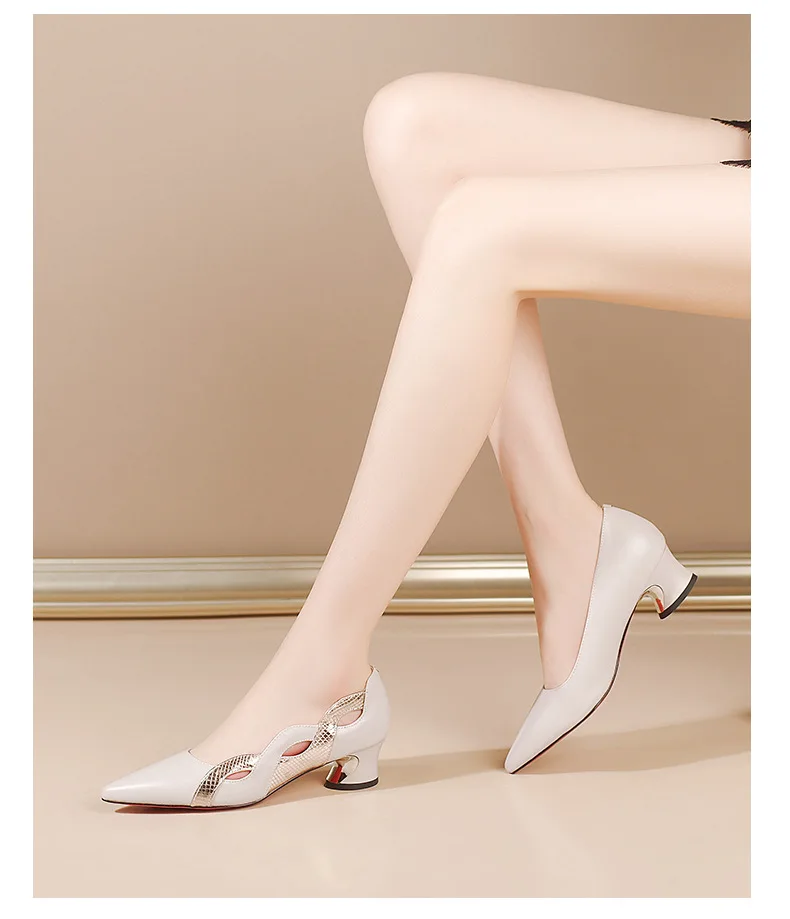 2022 European and American women's new shallow mouth thick heel pointed shoes 3025