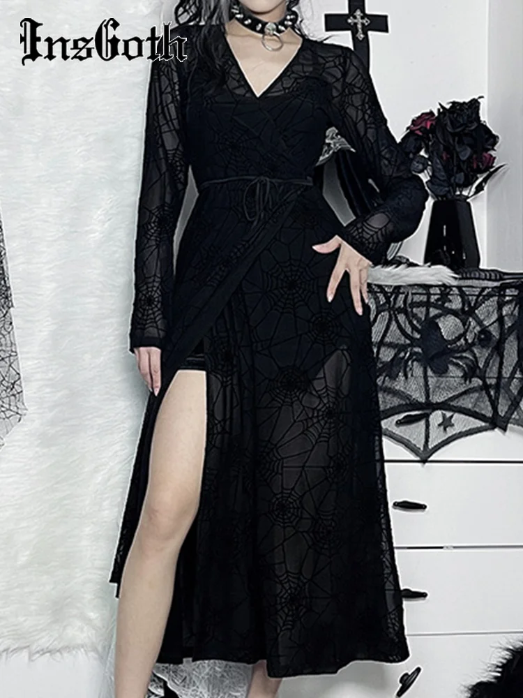 

InsGoth Spiderweb Print Long Dresses Winter High Waist Long Sleeve Lace-up Naked Black Dress Woman 2022 Gothic Party Streetwear