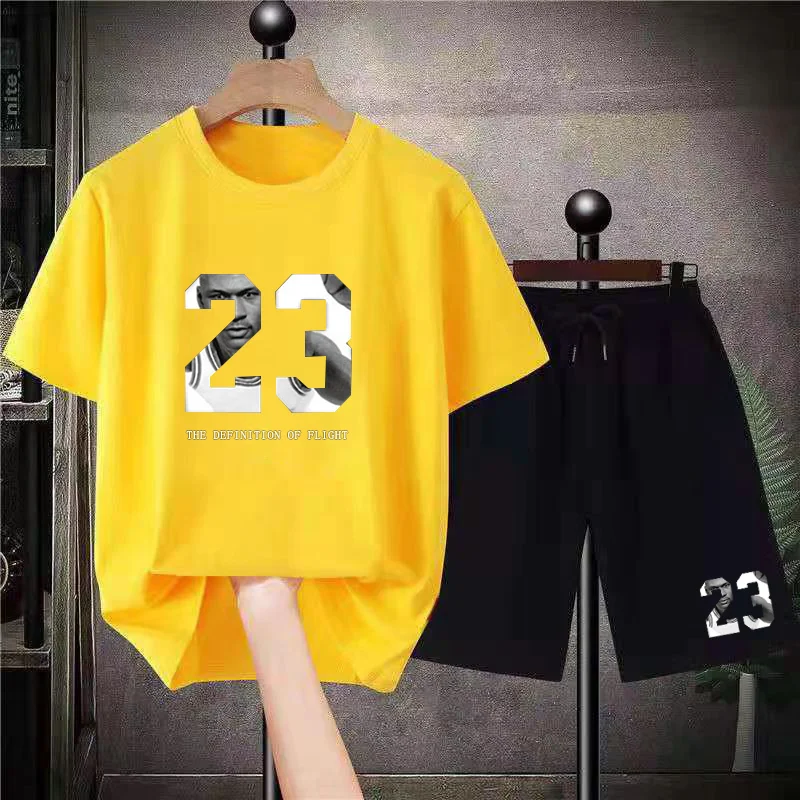 Kaus Olahraga Gambar Cetak Pria Celana Pendek Set 2 Buah 100% Katun Baju Olahraga  Lengan Pendek Celana Olahraga  Streetwear