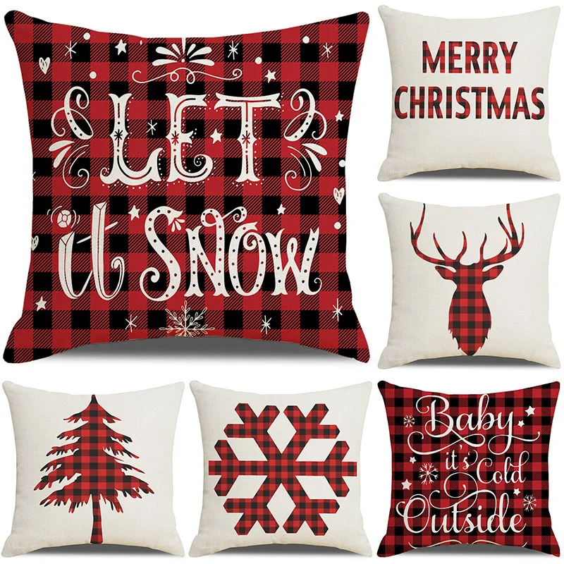 

Red plaid Christmas pillow cover linen sofa cushion cover office cushion cover