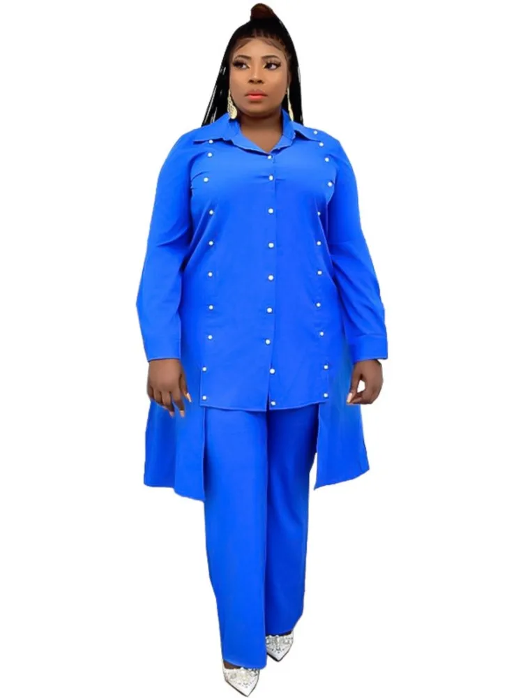 

2 Piece Set African Clothes Women Pearl Long Shirt Top And Pants Suit Fashion New Solid Loose Casual African OL Clothing Outfits