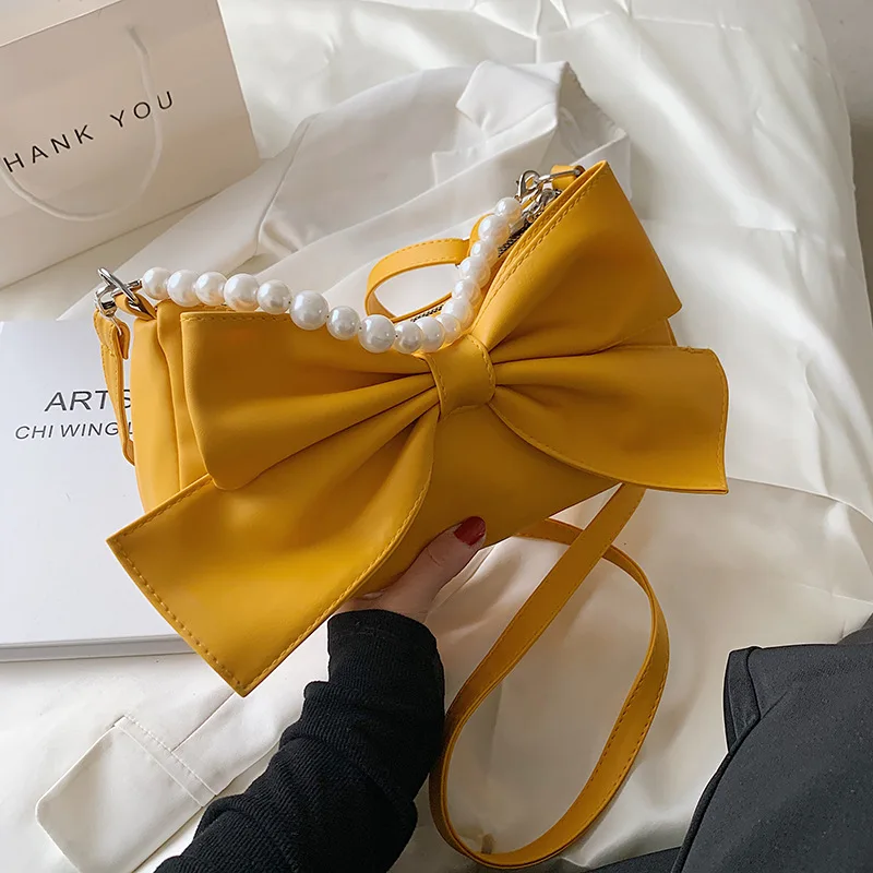 

Bow Knot Women's Bag 2022 New Girls Shoulder Bag Pearl Chain Handbag Underarm Bag
