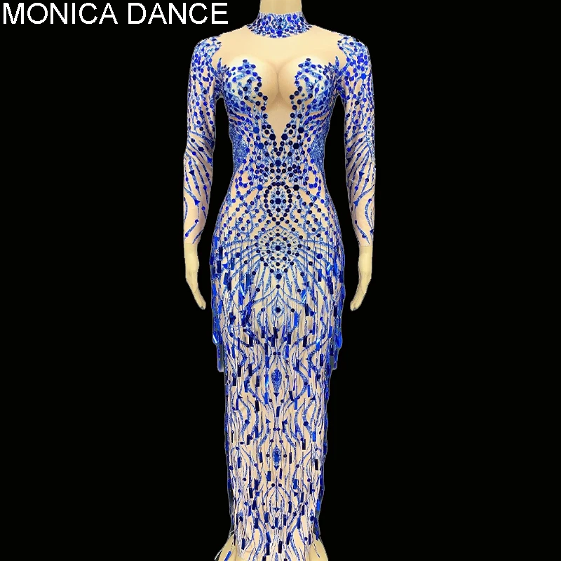 

Sexy Stage Blue Rhinestone Sequin Fringe Spandex Long Dress Birthday Celebrate Show Dress Women Dancer Singer Prom Party Dress
