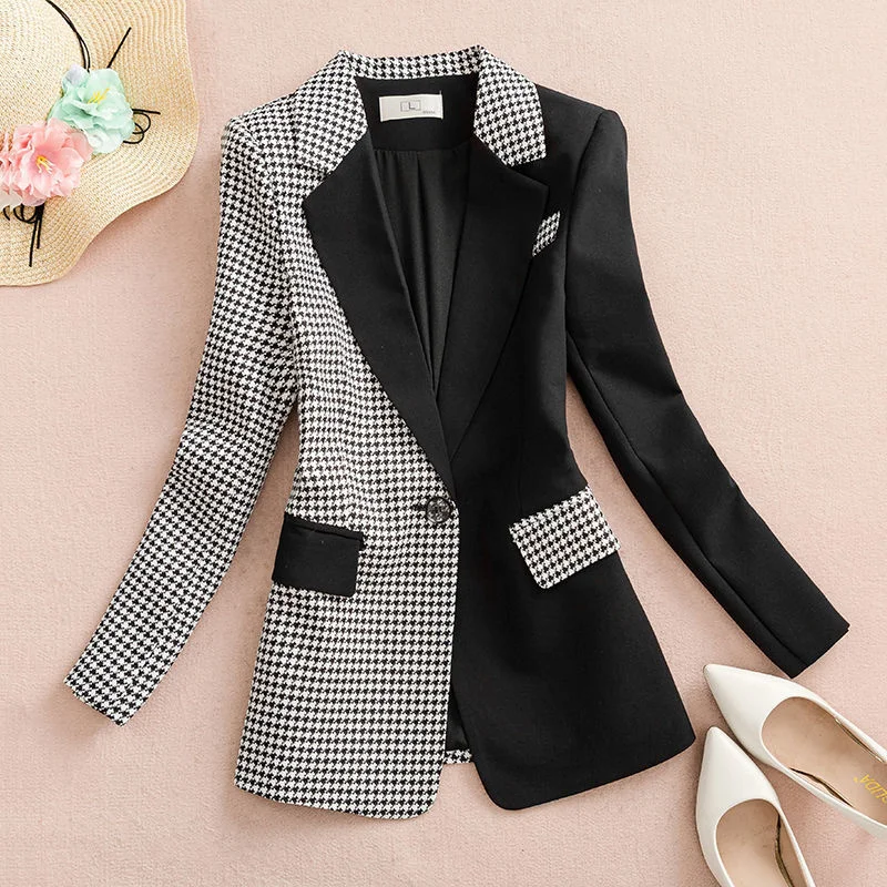 

Spring Autumn Black Stitching Houndstooth Lining Blazer Women's Long Sleeves Casual Thin Blazer Female Fashion Slim Blousers