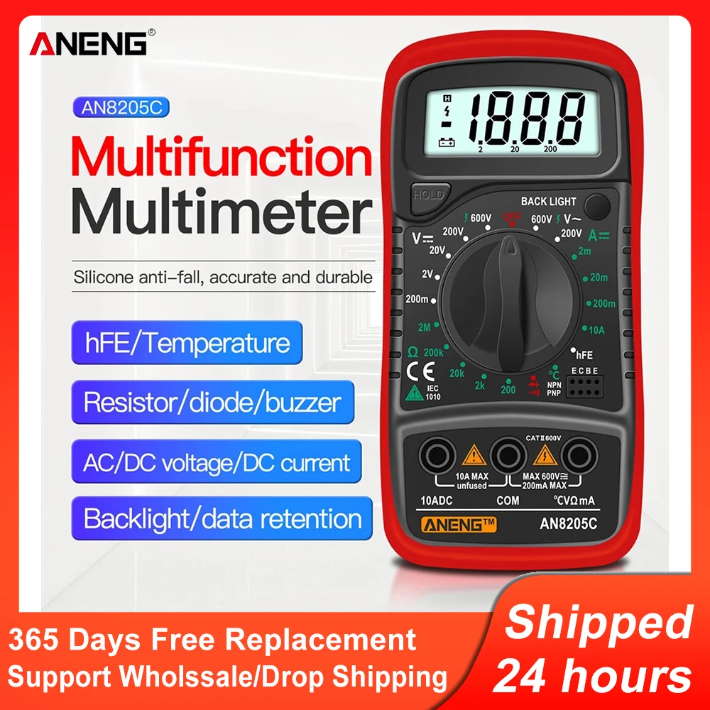 2022 AN8205C Digital Multimeter AC/DC Ammeter Volt Ohm Test Meter Profession Multimetro with Thermocouple LCD Backlight Display