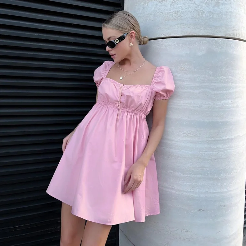 

2022Spring/Summer Small Size Dress Bubble Sleeve Square Collar European and AmericanolSimple High Waist Short Skirt for Womenins
