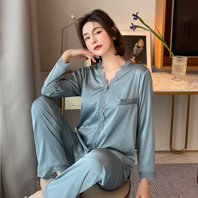 New Spring Summer Pajamas Lace Sexy Simulation Silk Pajama Female Casual Comfortable Sweet Home Wear Two-piece Suits