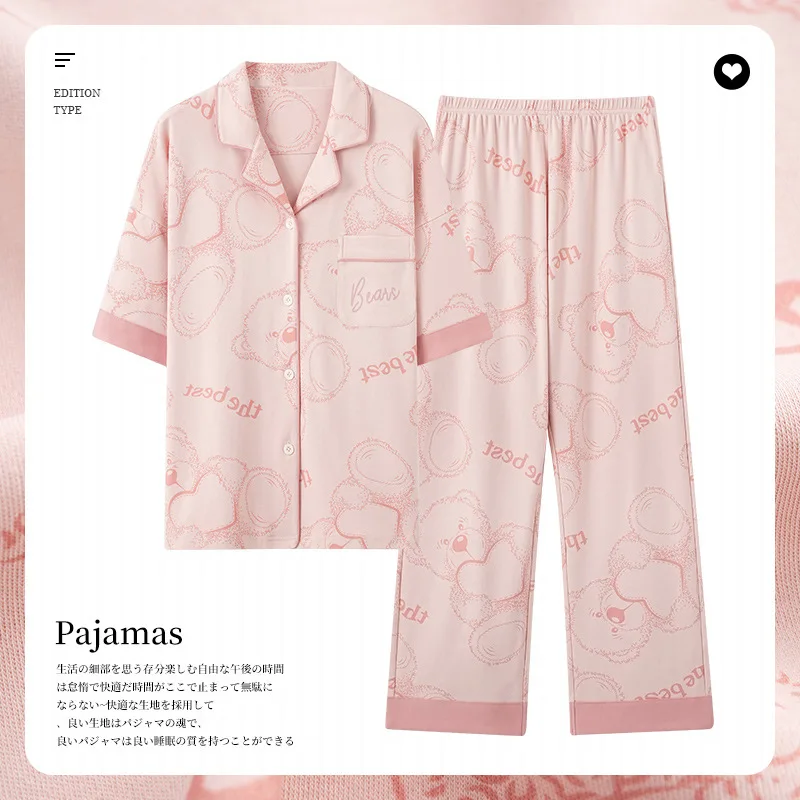 2023 New Summer Pure Cotton Women Pajama Sets Short Sleeve Long Pants All Cotton Lapel Loungewear Sleepwear Thin Two-piece Set