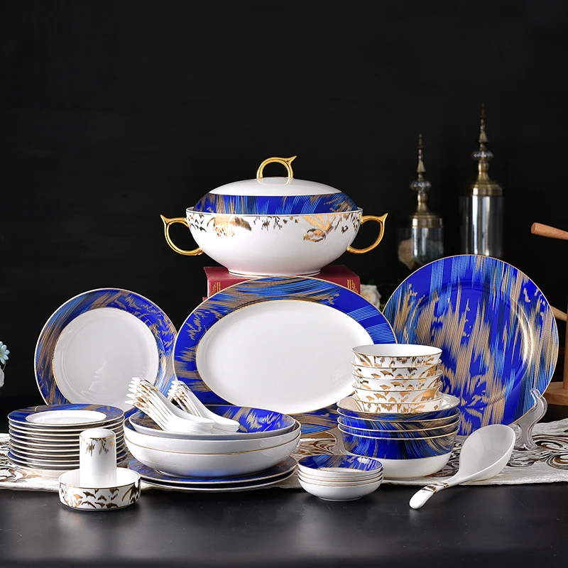 

52 pcs European Style Tableware Set Household Bowls and Dishes Western Cuisine Plate Light Luxury Tableware plates dinner set