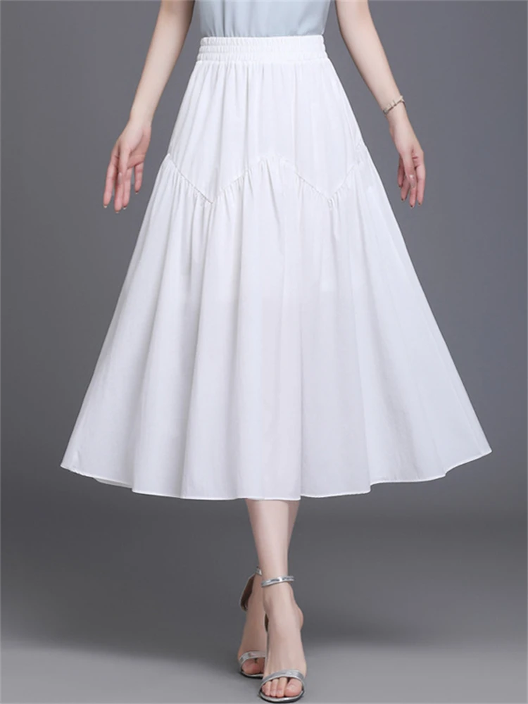 

Women A-line Solid Color Long Skirt 2022 Summer Elastic High Waist Loose Big Swing Casual Splice Office Lady Elegant Skirts 6886