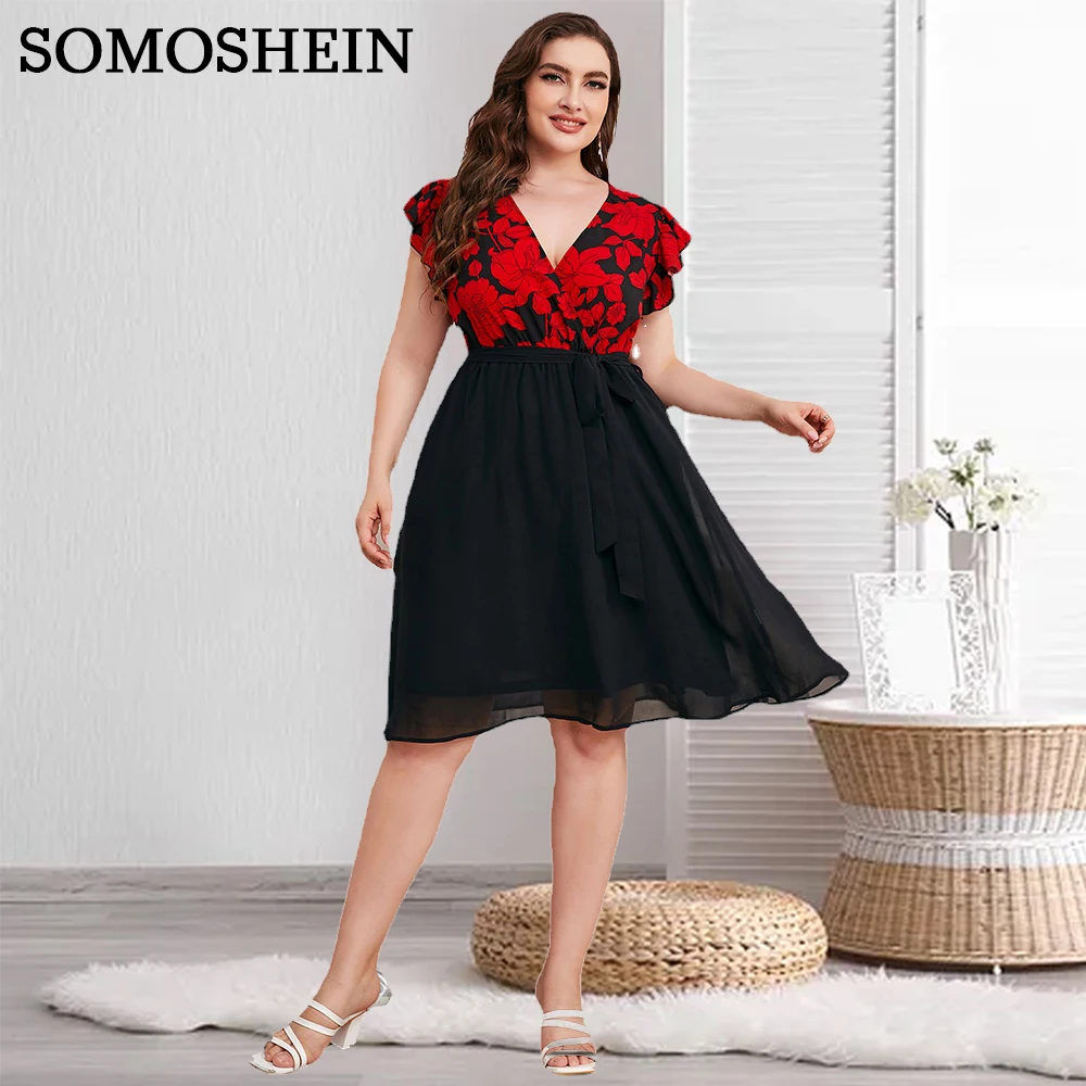 

SOMOSHEIN Plus Size Women Clothing Sexy Summer Printed Slim High Waist V-Neck Dress Party Elegant Dress Wholesale Dropshipping