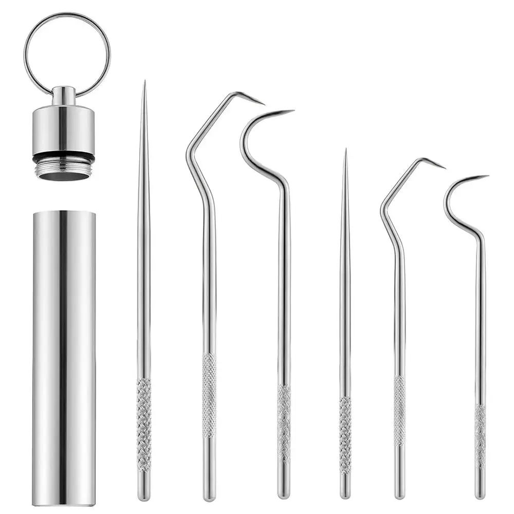 

6pcs Portable Reusable Stainless Steel Toothpicks Metal Tooth Scraper Dental Picks Hooks Cleaning Kit with Toothpicks Holder