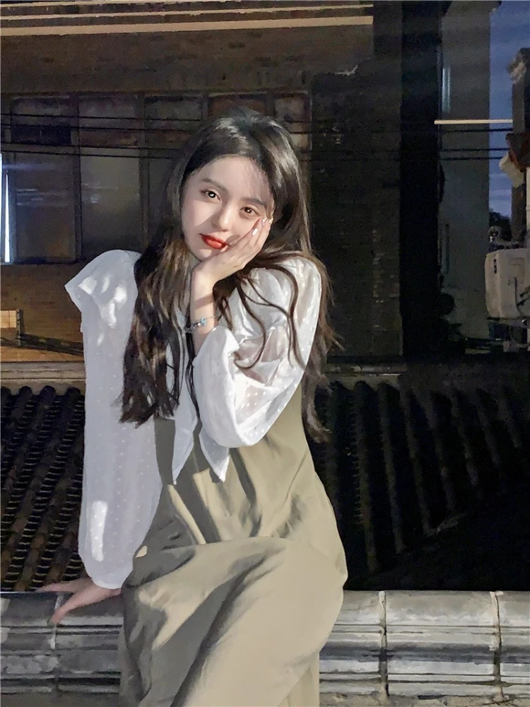 

Sweet Age-reducing Korean Dress Set Women White Blouse + Kahki Dress Suit Design Chiffon Shirt Suspender Dress Two-piece Ladies