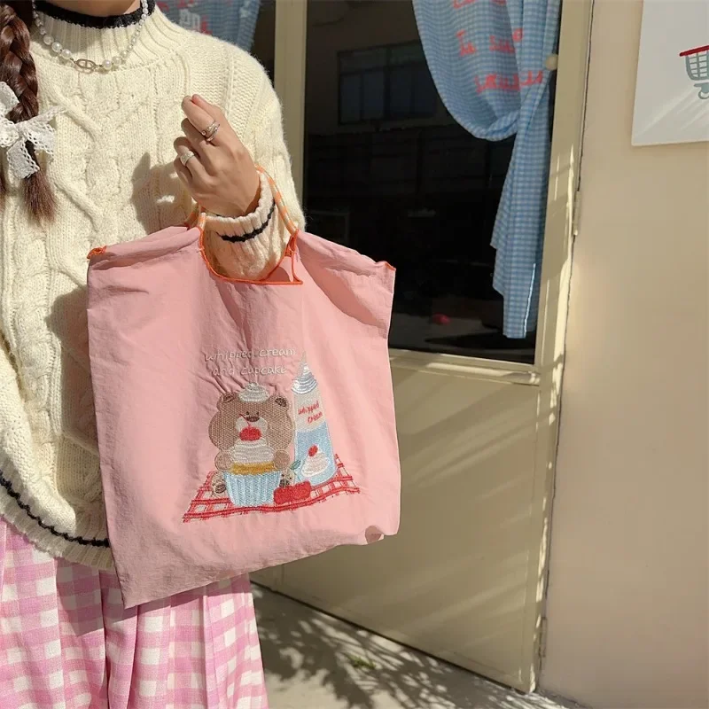 

Cute Cartoon Embroidered Cloth Bag Oxford Shopping Bag Hand Bill Shoulder Portable Large Capacity Tote Bag