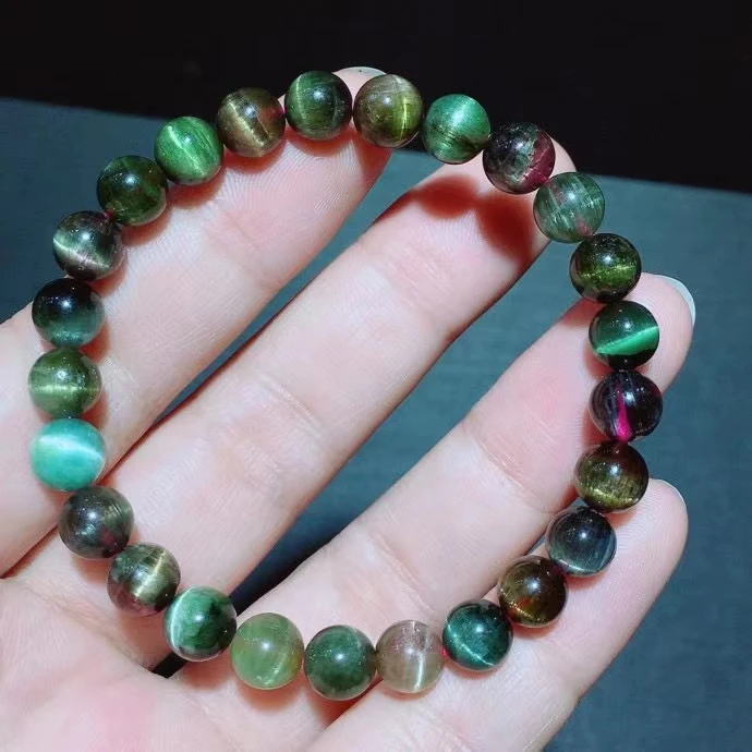 

Genuine Natural Colorful Tourmaline Clear Round Beads Bracelet 7.5mm Cat Eey Green Tourmaline Jewelry Brazil Women Men AAAAAAA