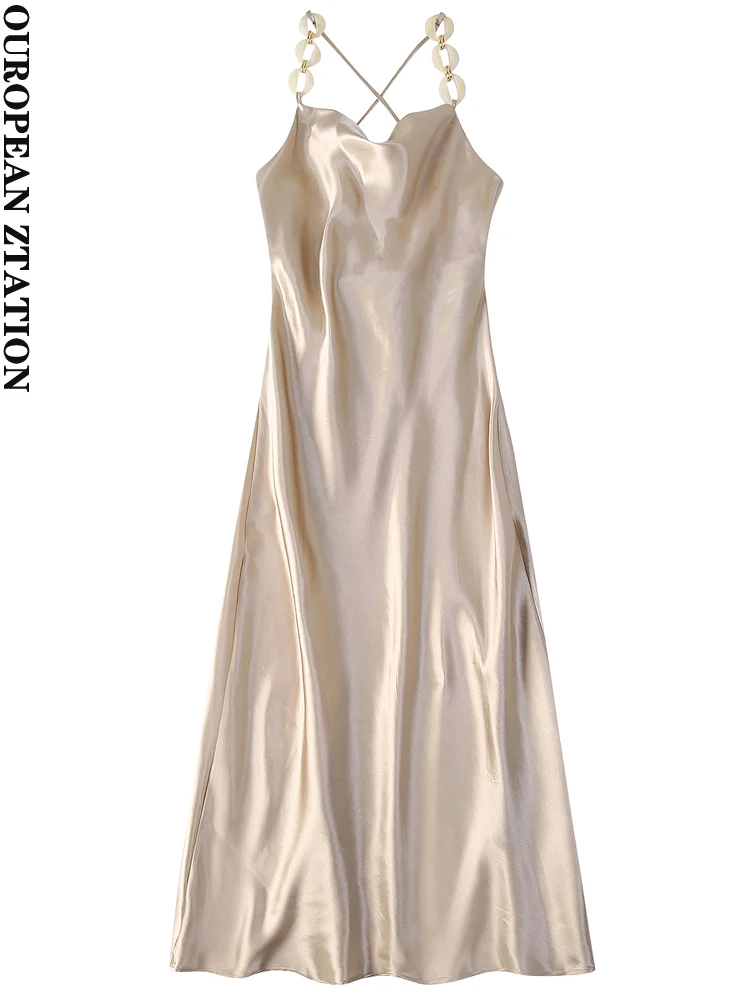 

PAILETE Women 2022 fashion chain satin midi camisole dress vintage backless criss-cross tied thin straps female dresses mujer