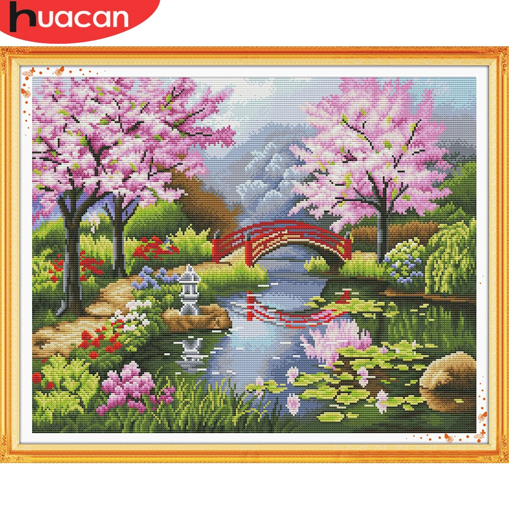 HUACAN Cross Stitch Embroidery Bridge Scenery Needlework Sets Tree Landscape Kits White Canvas DIY Home Decor 14CT 40x50cm