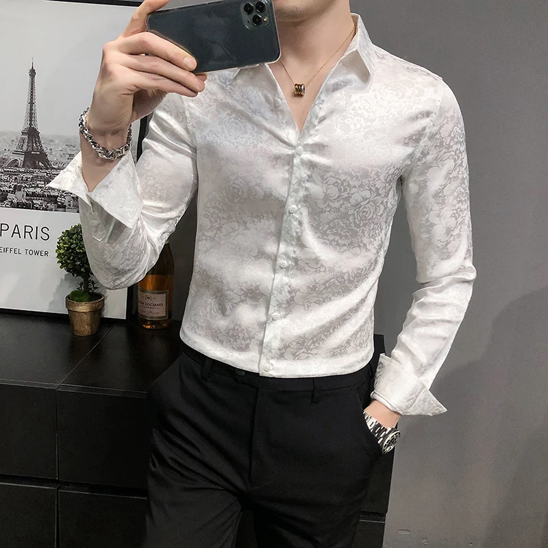 

2022 Luxury Blue Jacquard Shirt Men Black White Wedding Dres Shirt Prom Tuxedo Hemise Homme Long Sleeve Slim Fit Shirt Men