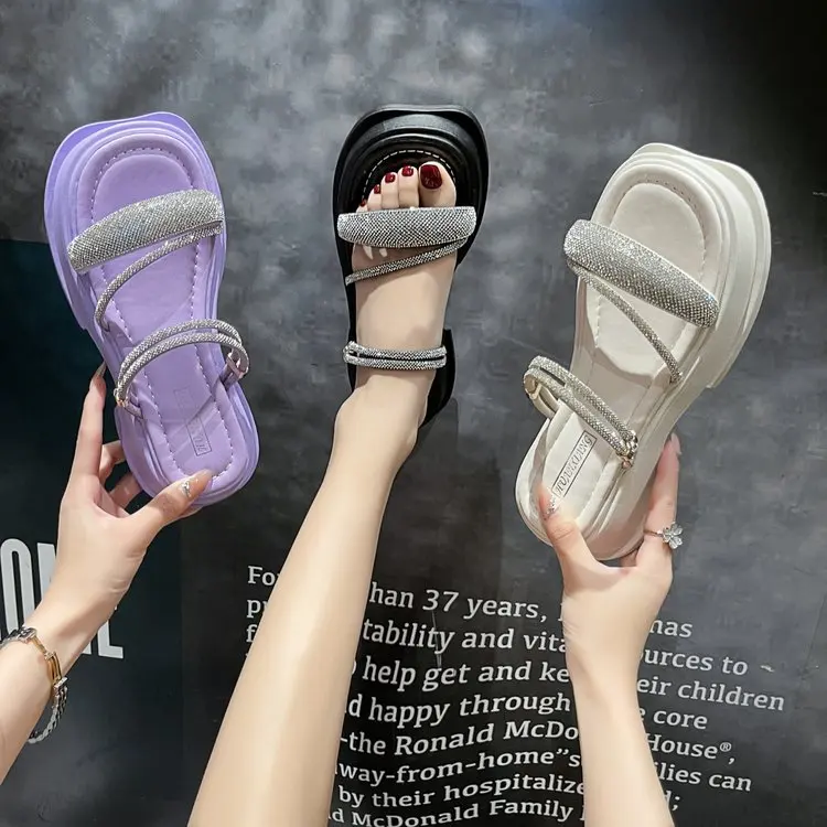 Rhinestone slippers women's summer outdoor wear 2023 new women's thick bottom casual beach sandals