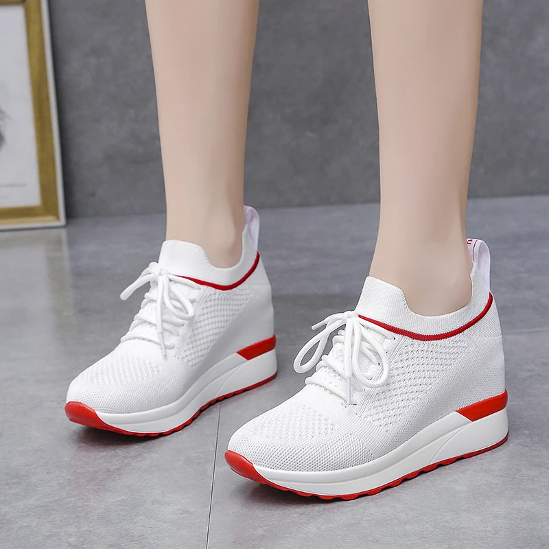 

COZOK 2022Spring Autumn New Korean Version of The Wedge Heel Inner Heightened Mesh Breathable Lace All-match Casual Sports Shoes