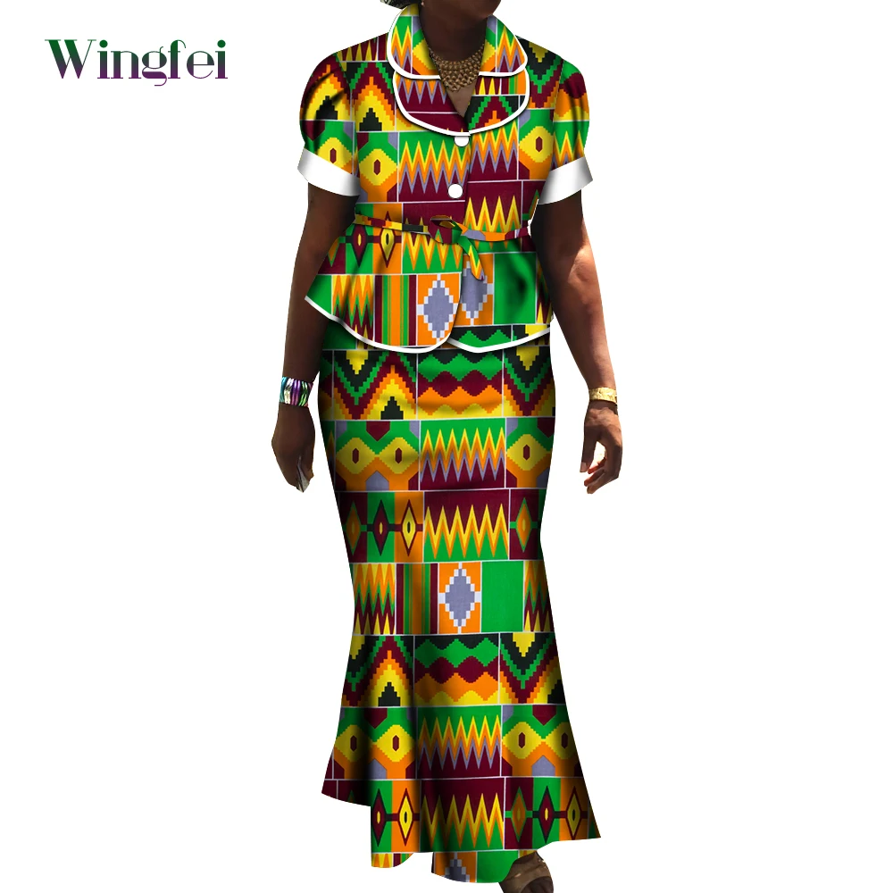 African Clothes for Women 2 Pcs Set Ankara Print Short Sleeve Shirt Top and Maxi Long Skrit Dashiki Party Wedding Outfit Wy9975