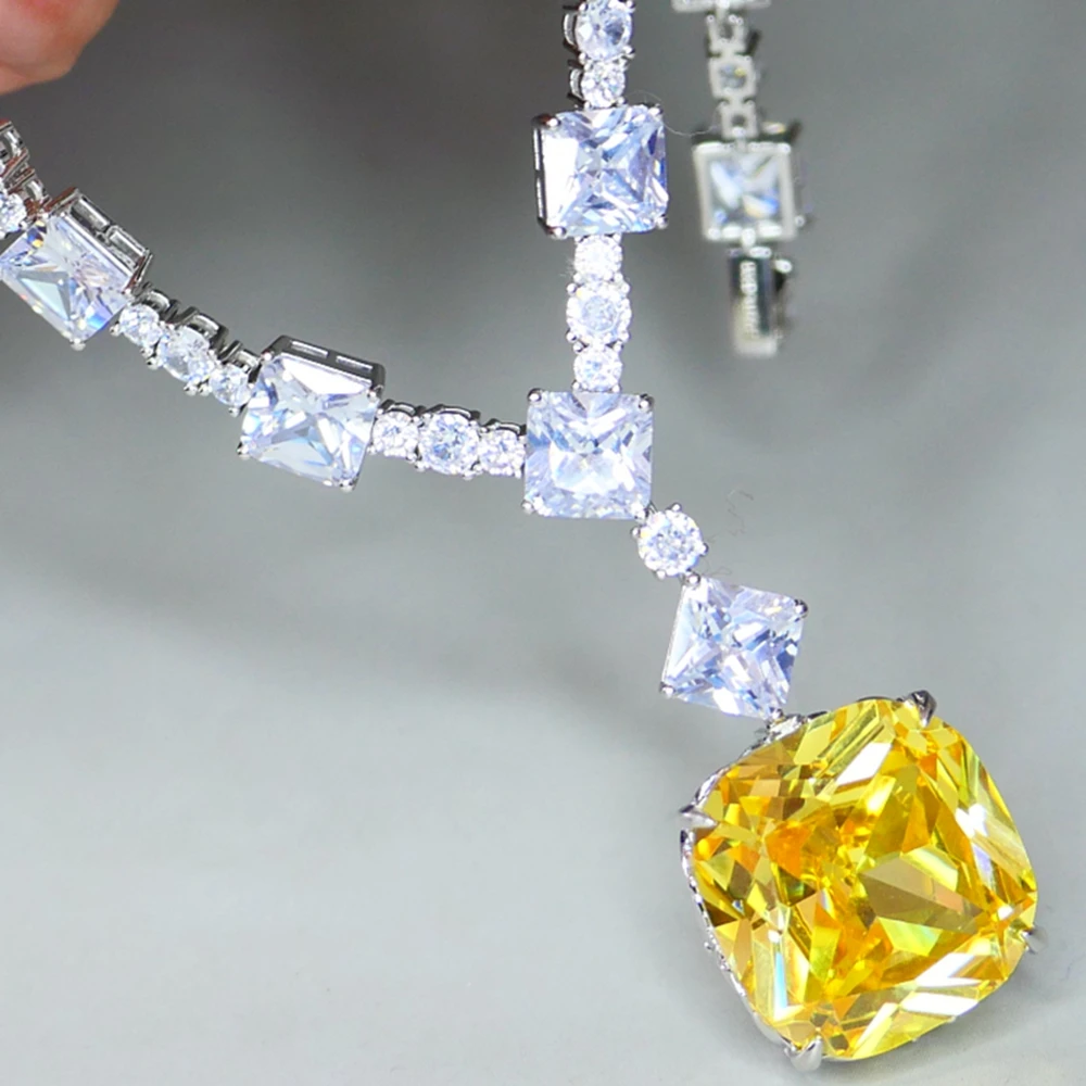 Large Yellow Sapphire & Diamond Necklace, KQDANCE  Luxury 20mm Large Square Blue Pink Yellow Green Stone Lab Emerald Sapphire Diamond Tennis Chain Necklaces Women Jewelry,